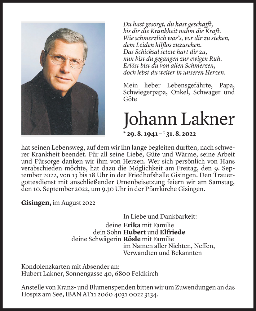  Todesanzeige für Johann Lakner vom 07.09.2022 aus Vorarlberger Nachrichten