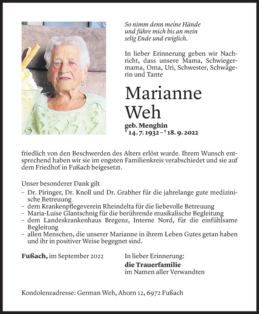  Todesanzeige für Marianne Weh vom 01.10.2022 aus Vorarlberger Nachrichten