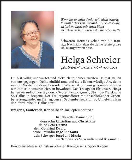 Todesanzeige von Helga Schreier von Vorarlberger Nachrichten