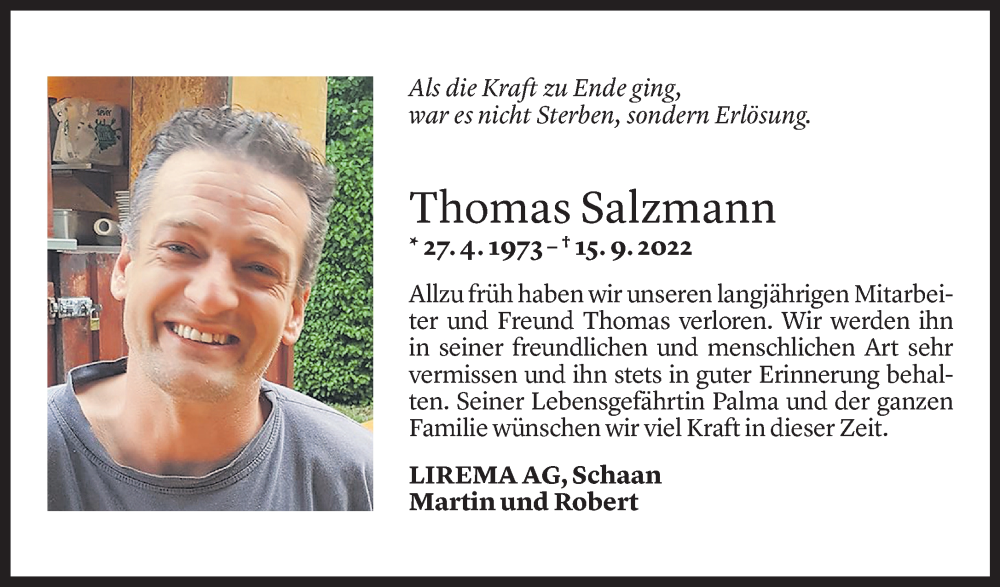  Todesanzeige für Thomas Salzmann vom 20.09.2022 aus Vorarlberger Nachrichten