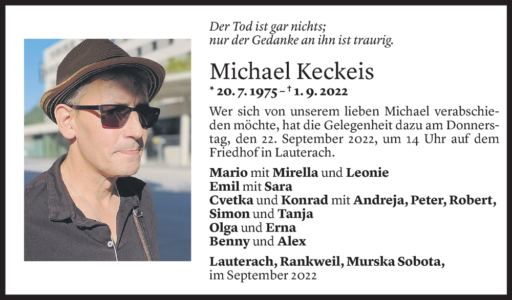  Todesanzeige für Michael Keckeis vom 16.09.2022 aus Vorarlberger Nachrichten