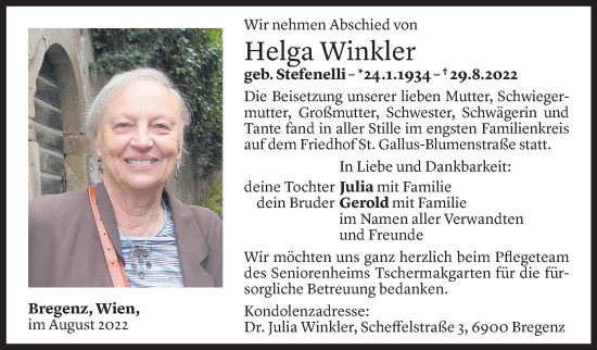 Todesanzeige von Helga Winkler von Vorarlberger Nachrichten