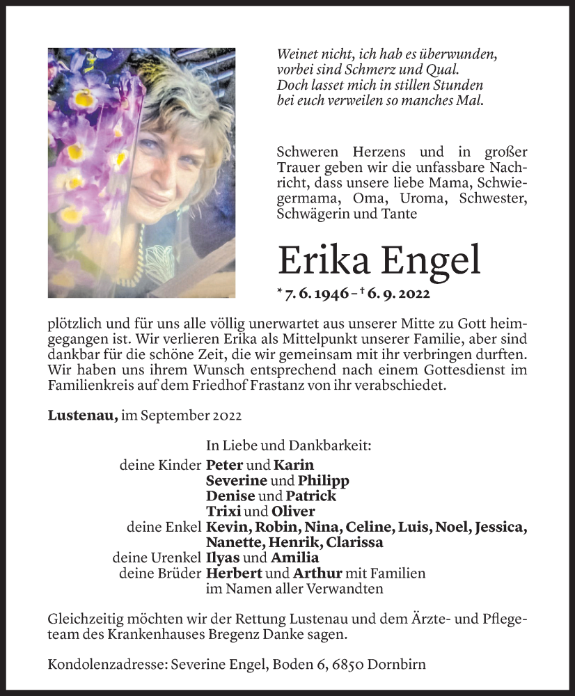  Todesanzeige für Erika Engel vom 10.09.2022 aus Vorarlberger Nachrichten