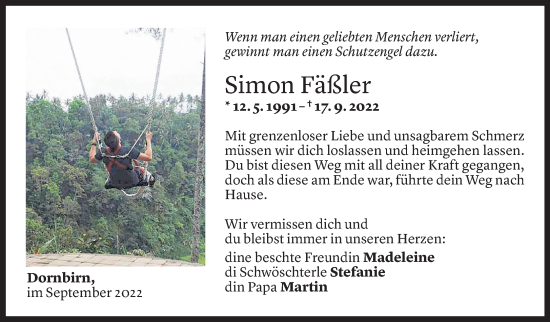 Todesanzeige von Simon Fäßler von Vorarlberger Nachrichten