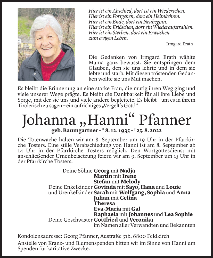  Todesanzeige für Johanna Pfanner vom 06.09.2022 aus Vorarlberger Nachrichten