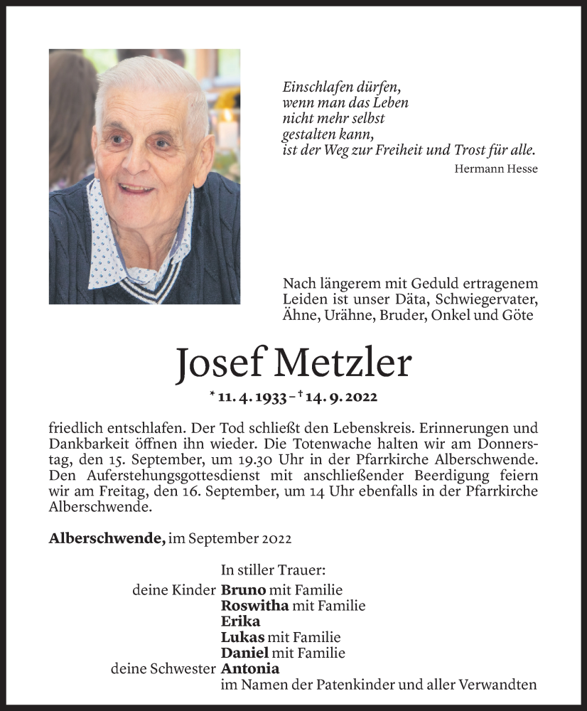 Todesanzeige für Josef Metzler vom 15.09.2022 aus Vorarlberger Nachrichten