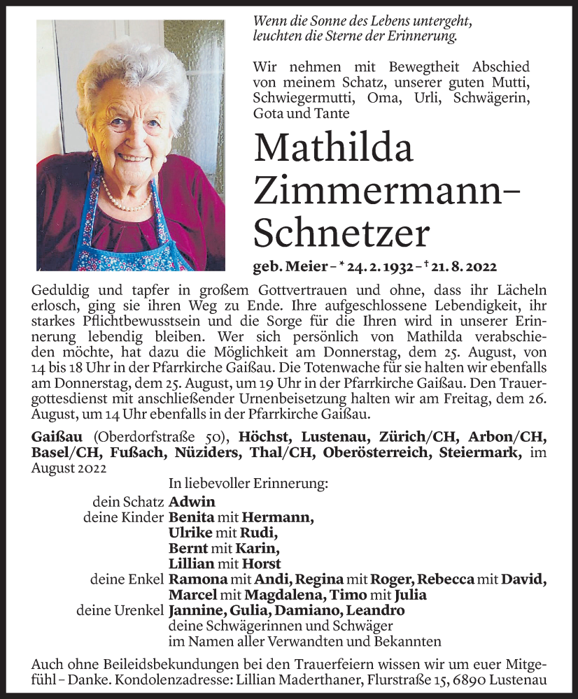  Todesanzeige für Mathilda Zimmermann-Schnetzer vom 23.08.2022 aus Vorarlberger Nachrichten