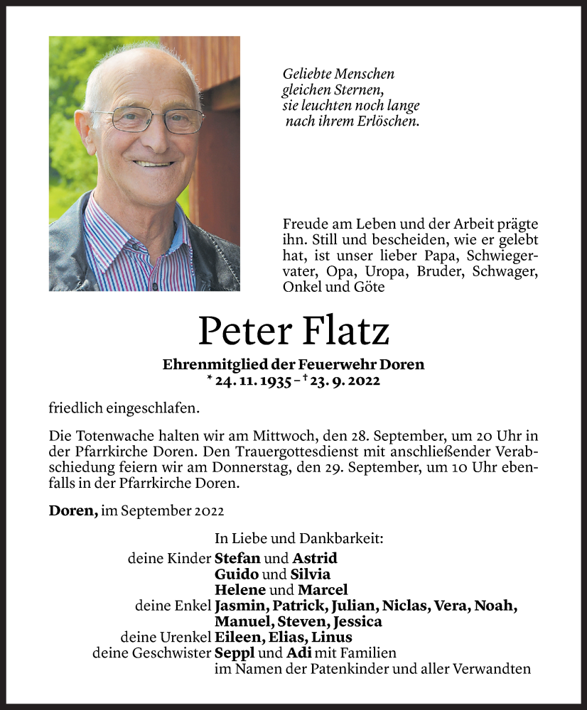  Todesanzeige für Peter Flatz vom 27.09.2022 aus Vorarlberger Nachrichten