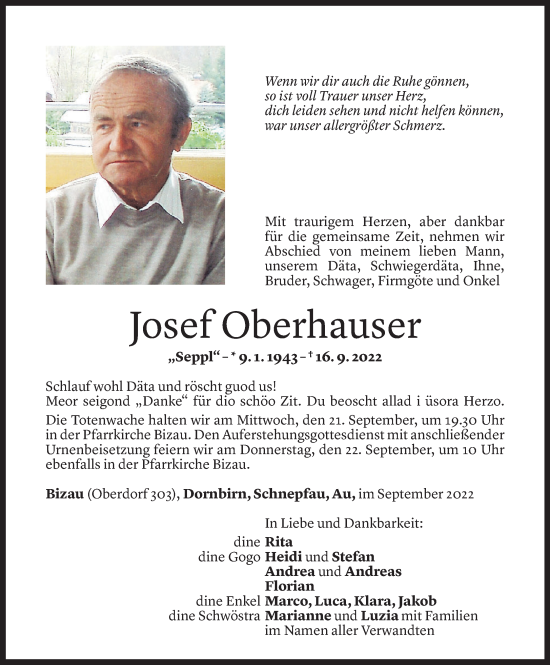 Todesanzeige von Josef Oberhauser von Vorarlberger Nachrichten