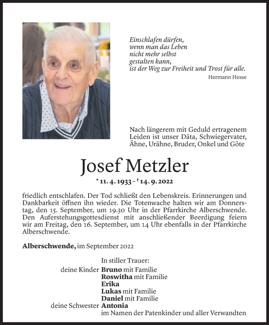 Todesanzeige von Josef Metzler von Vorarlberger Nachrichten