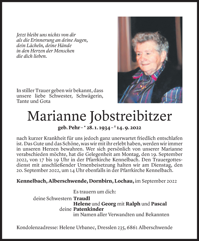  Todesanzeige für Marianne Jobstreibitzer vom 16.09.2022 aus Vorarlberger Nachrichten
