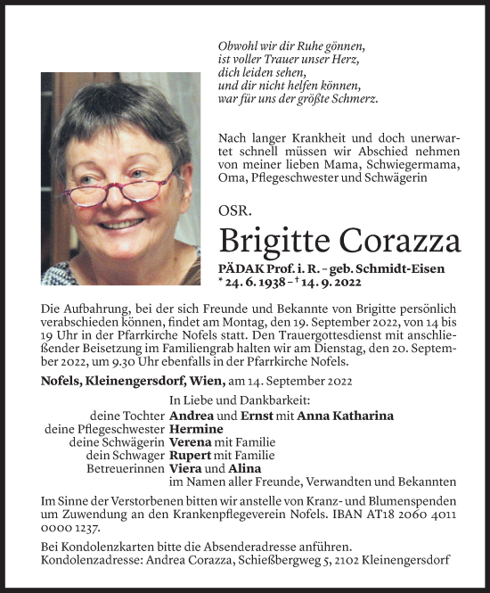 Todesanzeige von Brigitte Corazza von Vorarlberger Nachrichten