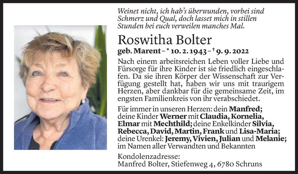  Todesanzeige für Roswitha Bolter vom 16.09.2022 aus Vorarlberger Nachrichten