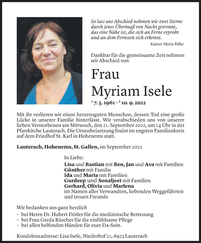  Todesanzeige für Myriam Isele vom 16.09.2022 aus Vorarlberger Nachrichten