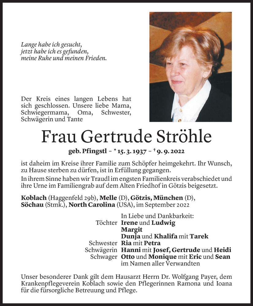  Todesanzeige für Gertrud Ströhle vom 23.09.2022 aus Vorarlberger Nachrichten
