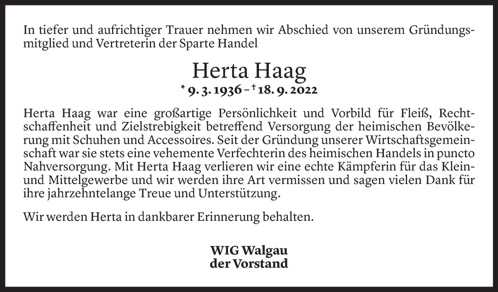  Todesanzeige für Herta Haag vom 24.09.2022 aus Vorarlberger Nachrichten