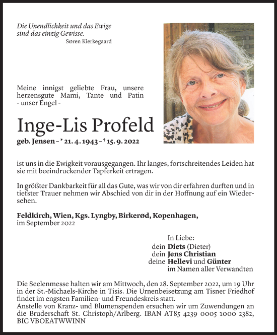 Todesanzeige von Inge-Lis Profeld von Vorarlberger Nachrichten
