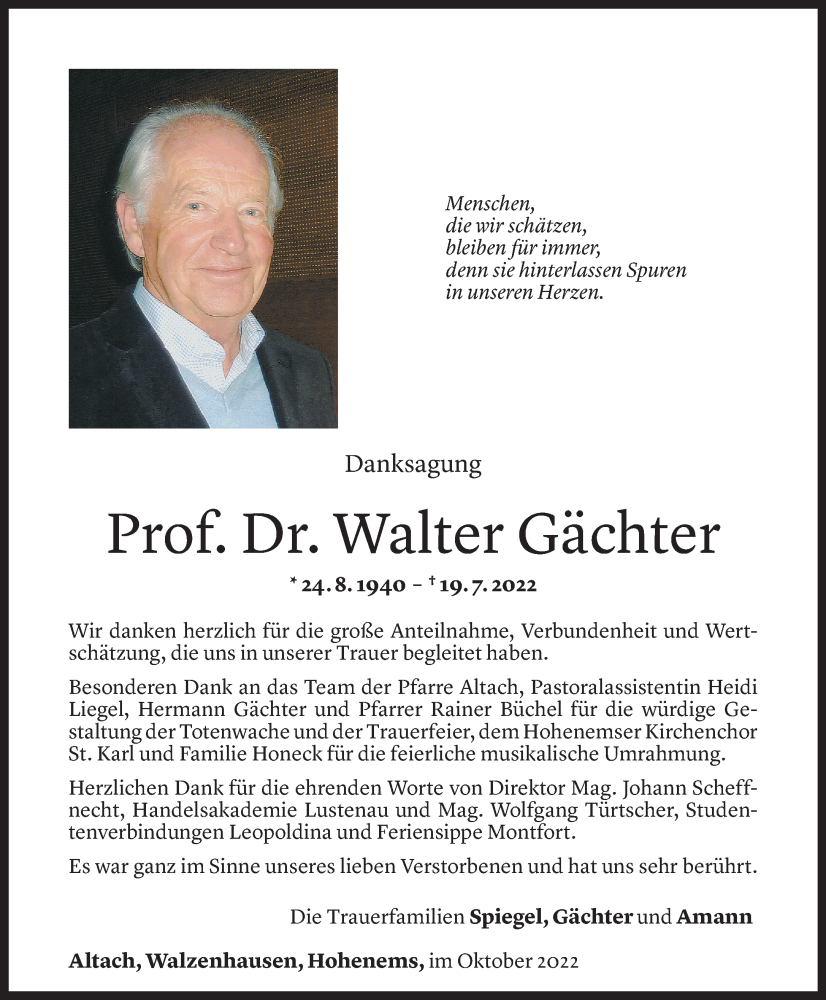  Todesanzeige für Walter Gächter vom 01.10.2022 aus Vorarlberger Nachrichten