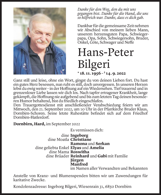 Todesanzeige von Hans-Peter Bilgeri von Vorarlberger Nachrichten