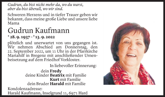 Todesanzeige von Gudrun Kaufmann von Vorarlberger Nachrichten