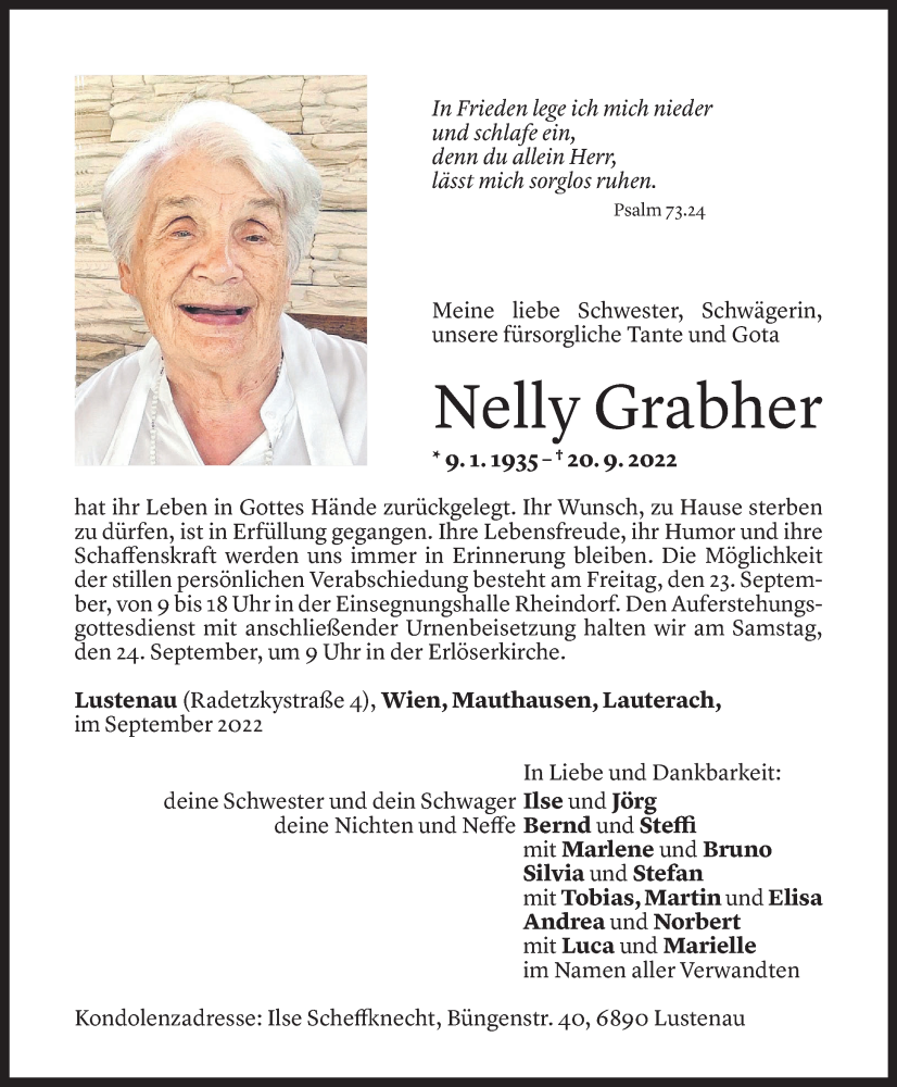  Todesanzeige für Nelly Grabher vom 22.09.2022 aus Vorarlberger Nachrichten