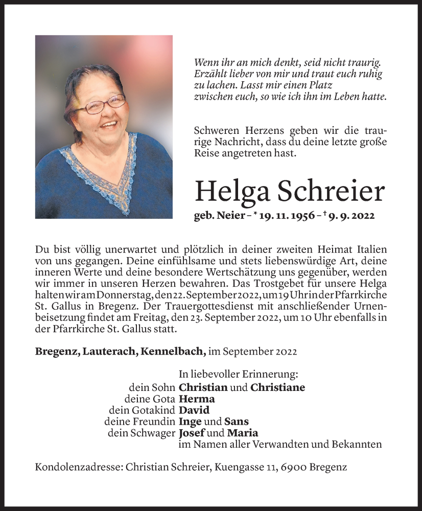  Todesanzeige für Helga Schreier vom 19.09.2022 aus Vorarlberger Nachrichten
