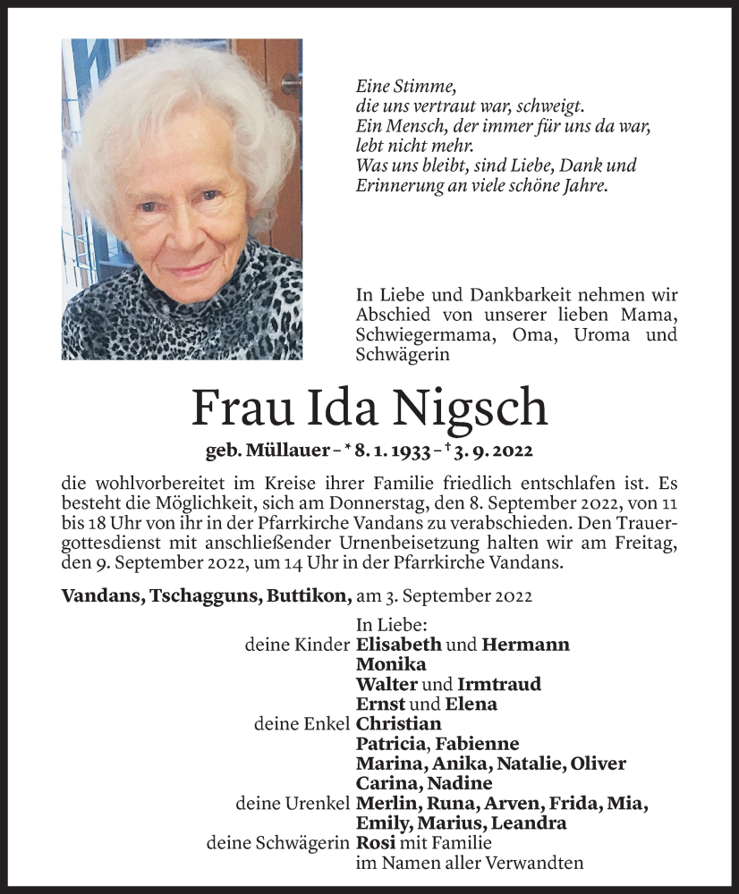  Todesanzeige für Ida Nigsch vom 07.09.2022 aus Vorarlberger Nachrichten