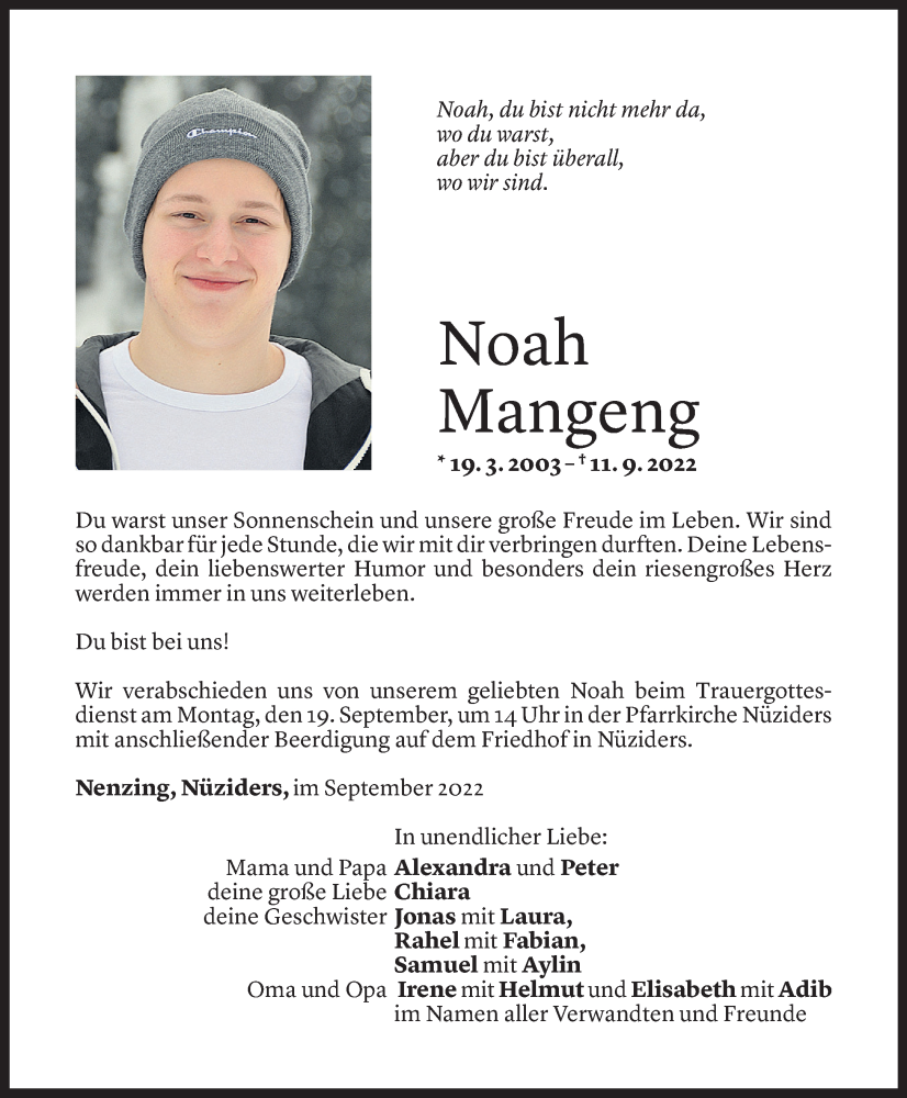  Todesanzeige für Noah Mangeng vom 15.09.2022 aus Vorarlberger Nachrichten