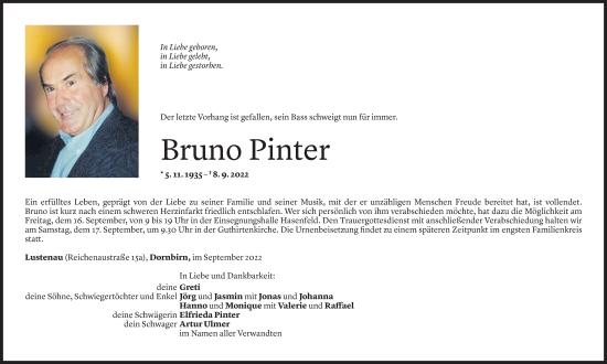 Todesanzeige von Bruno Pinter von Vorarlberger Nachrichten