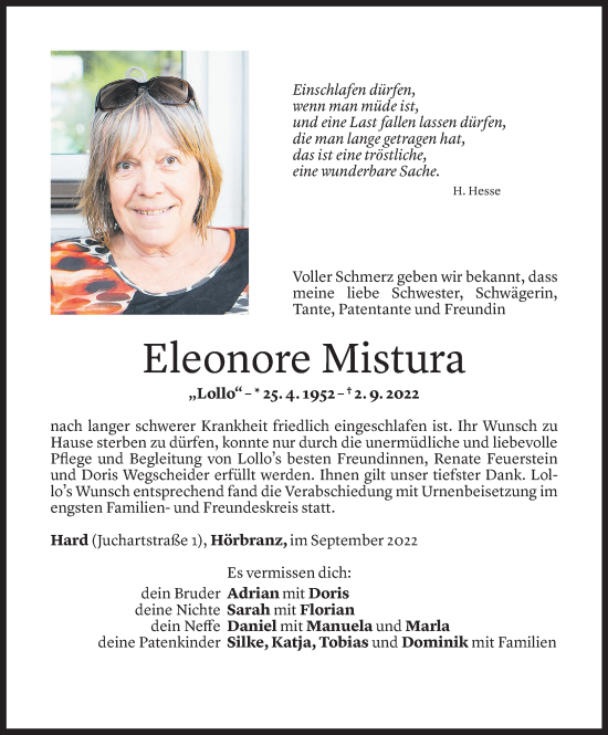 Todesanzeige von Eleonore Mistura von Vorarlberger Nachrichten
