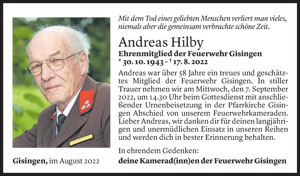  Todesanzeige für Andreas Hilby vom 03.09.2022 aus Vorarlberger Nachrichten