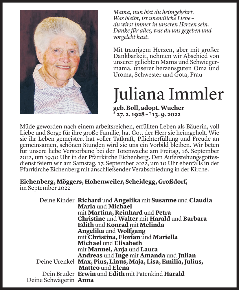  Todesanzeige für Juliana Immler vom 15.09.2022 aus Vorarlberger Nachrichten