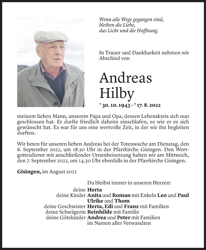  Todesanzeige für Andreas Hilby vom 02.09.2022 aus Vorarlberger Nachrichten