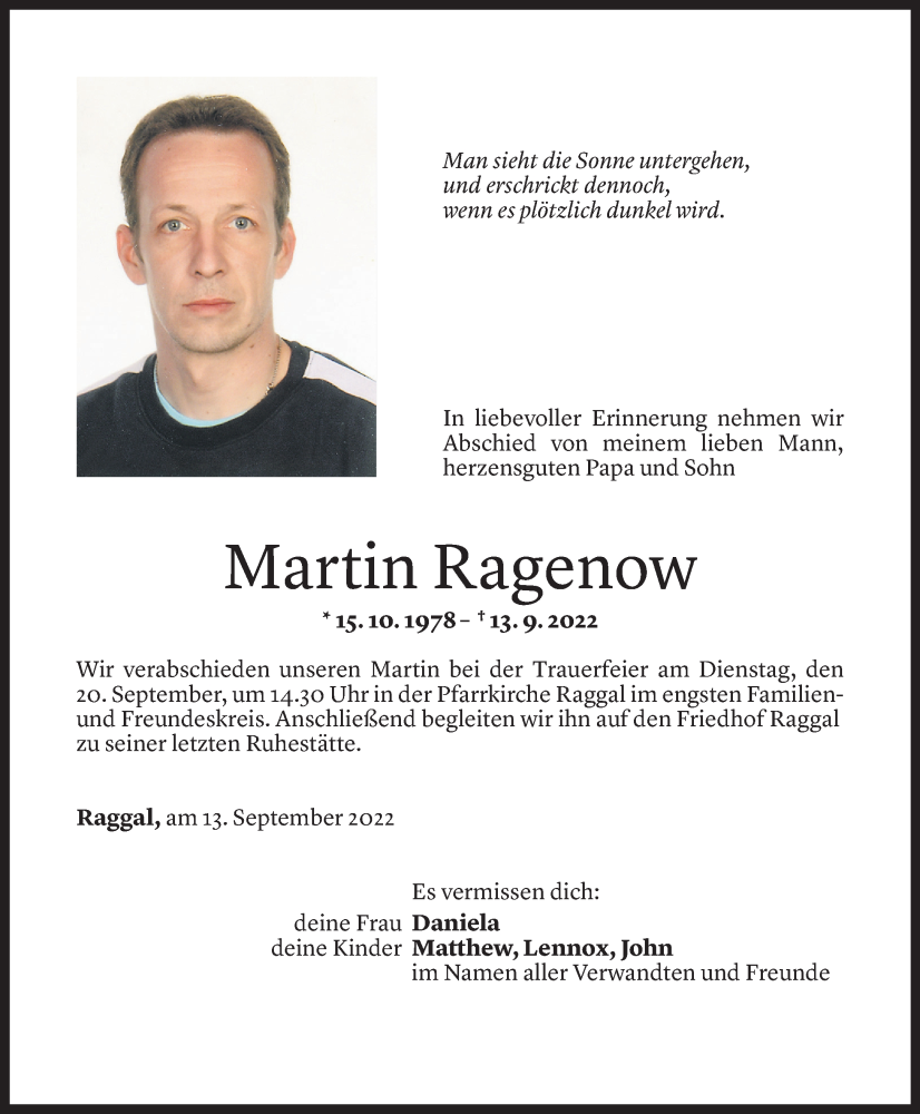  Todesanzeige für Martin Ragenow vom 17.09.2022 aus Vorarlberger Nachrichten