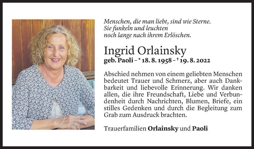  Todesanzeige für Ingrid Orlainsky vom 09.09.2022 aus Vorarlberger Nachrichten