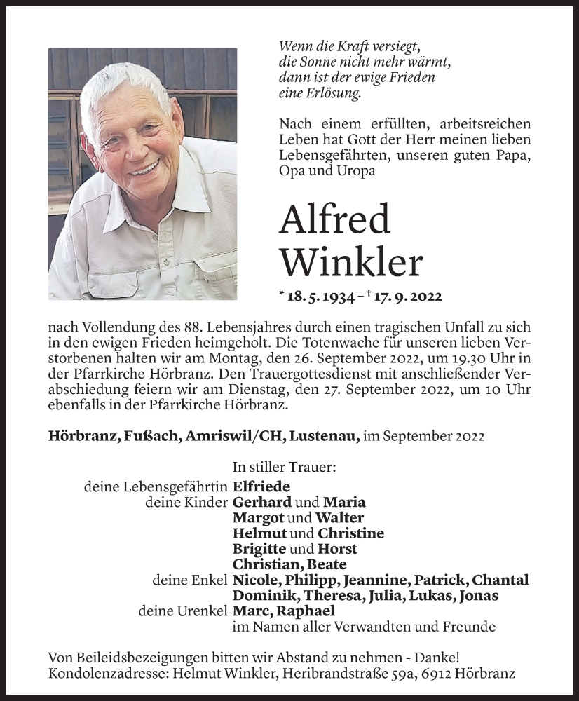  Todesanzeige für Alfred Winkler vom 23.09.2022 aus Vorarlberger Nachrichten