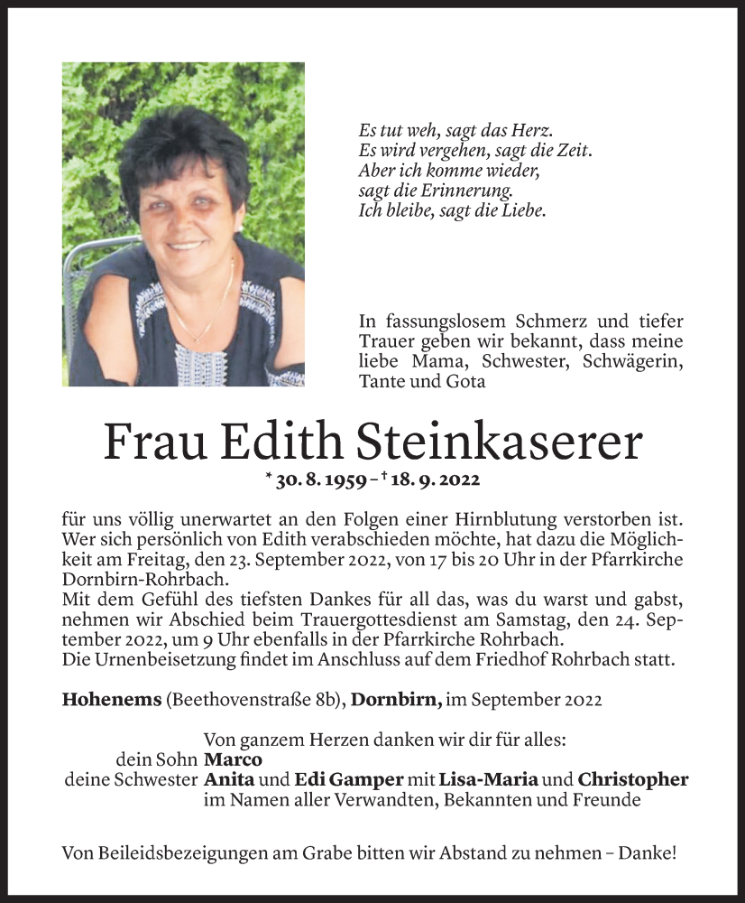  Todesanzeige für Edith Steinkaserer vom 20.09.2022 aus Vorarlberger Nachrichten