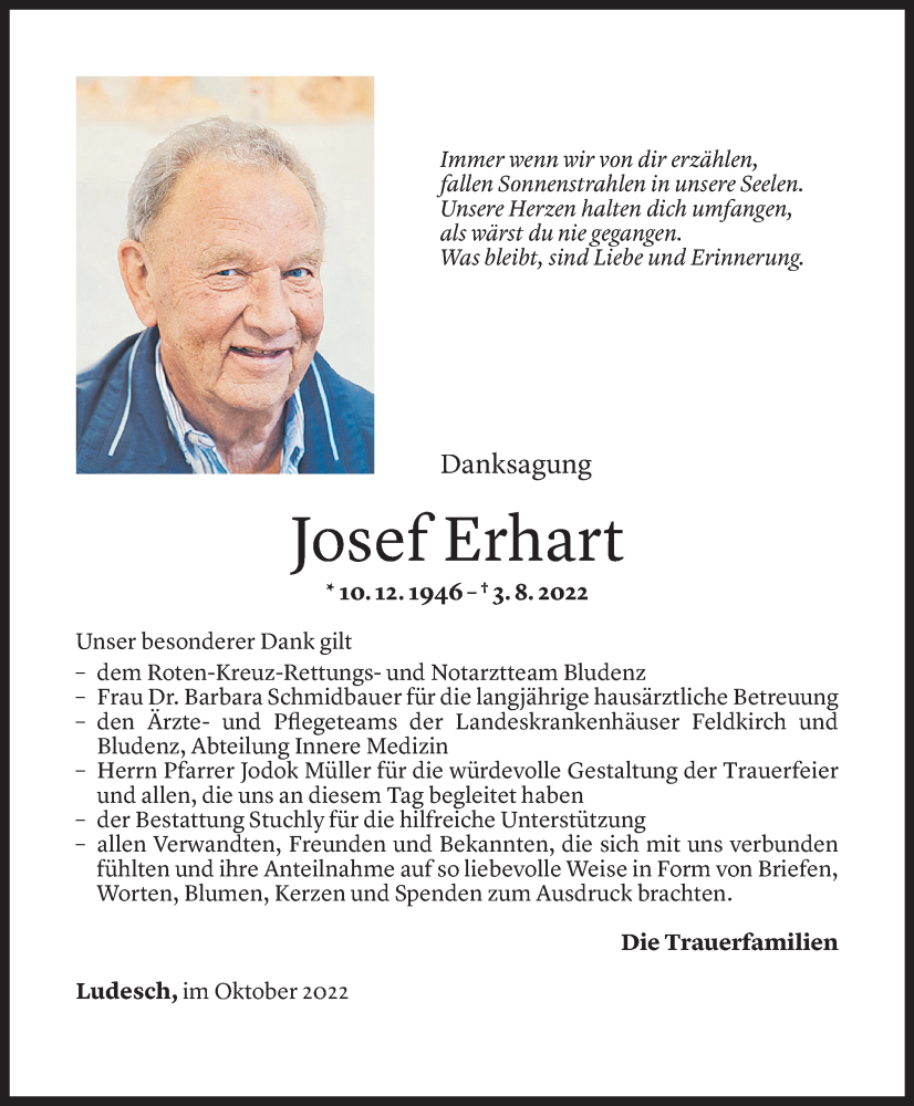  Todesanzeige für Josef Erhart vom 30.09.2022 aus Vorarlberger Nachrichten