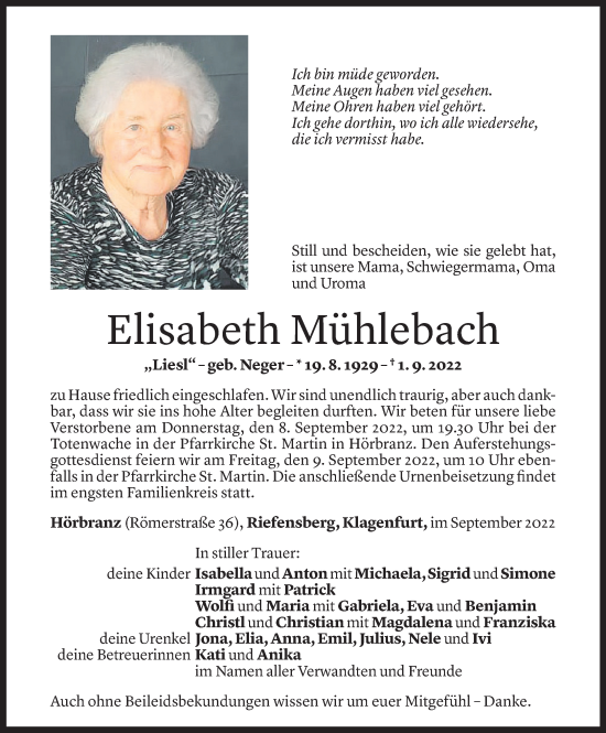 Todesanzeige von Elisabeth Mühlebach von Vorarlberger Nachrichten