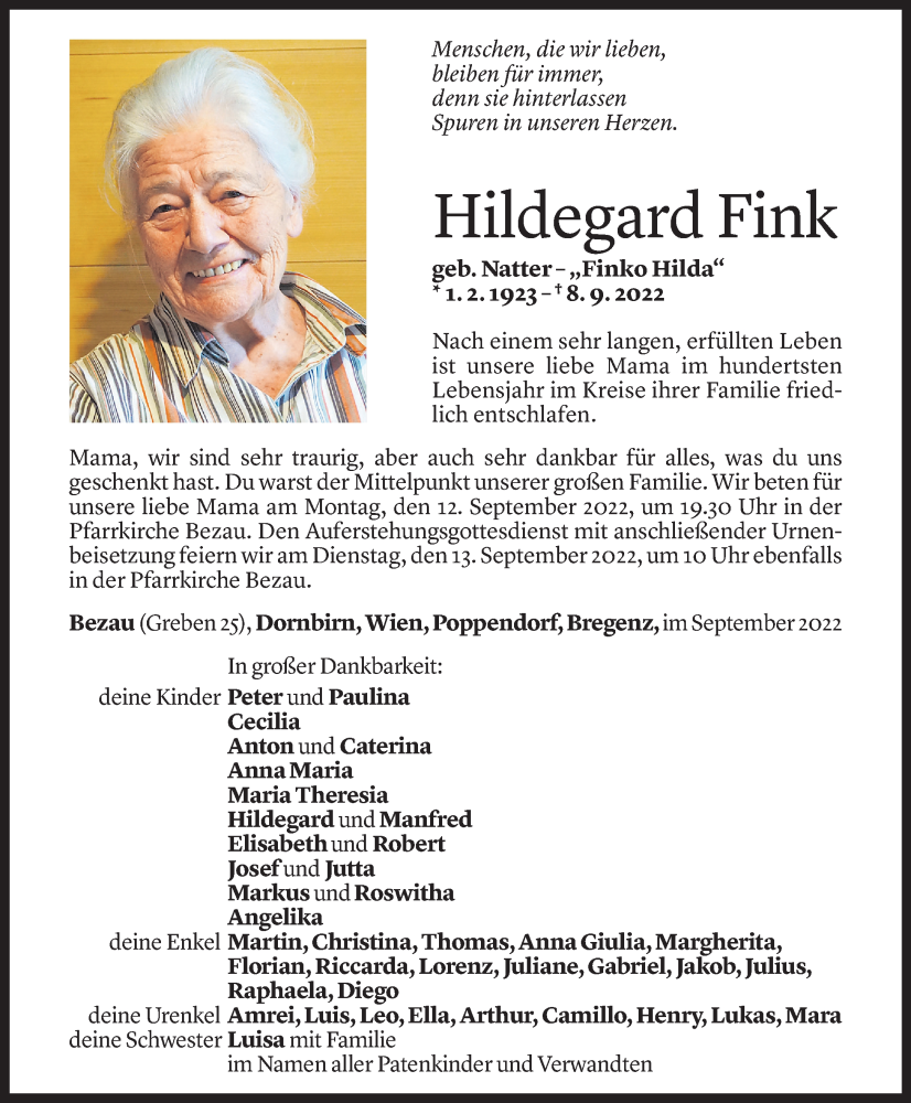  Todesanzeige für Hildegard Fink vom 09.09.2022 aus Vorarlberger Nachrichten