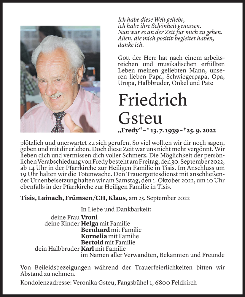  Todesanzeige für Friedrich Gsteu vom 28.09.2022 aus Vorarlberger Nachrichten