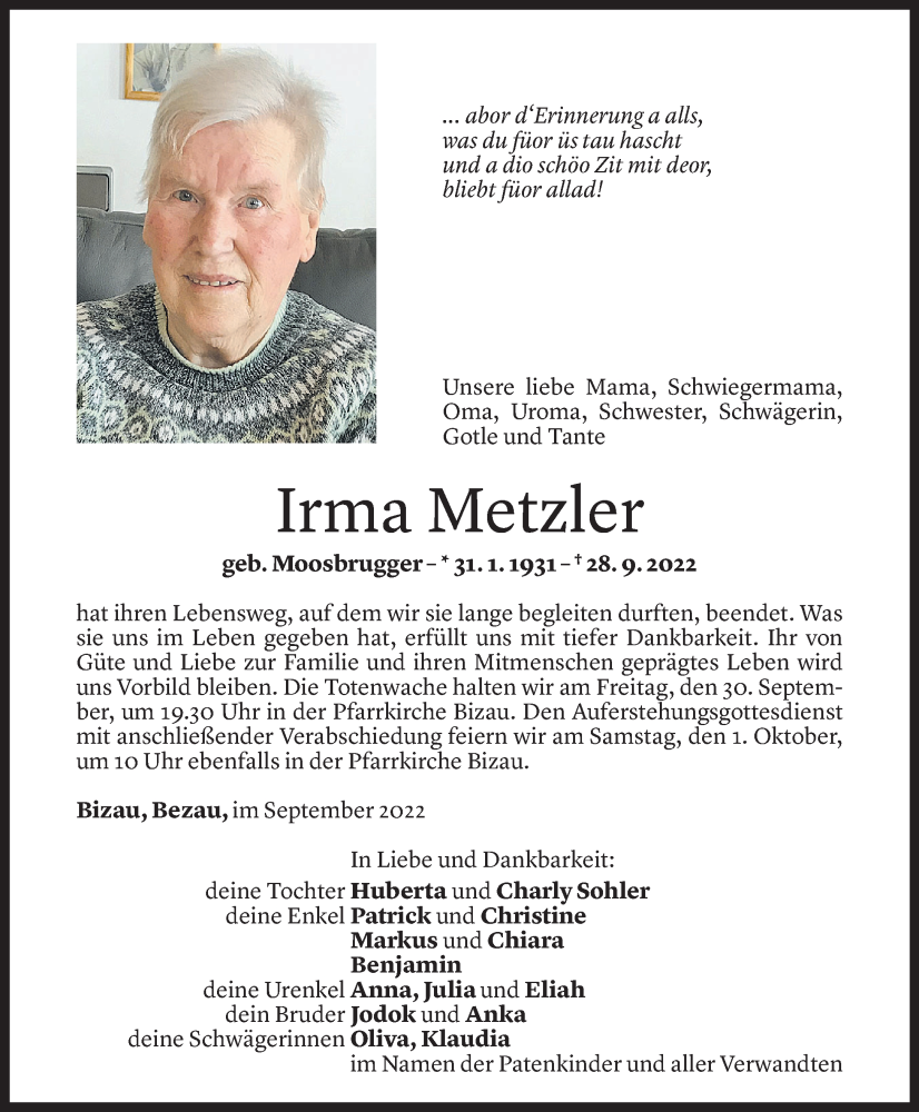  Todesanzeige für Irma Metzler vom 29.09.2022 aus Vorarlberger Nachrichten