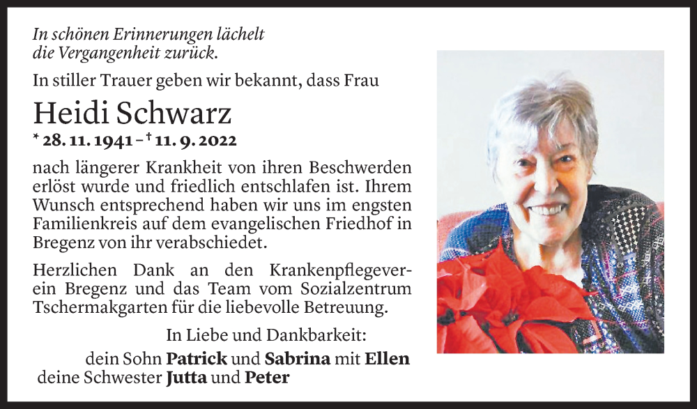  Todesanzeige für Heidi Schwarz vom 24.09.2022 aus Vorarlberger Nachrichten