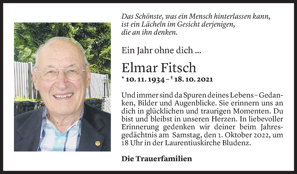  Todesanzeige für Elmar Fitsch vom 22.09.2022 aus Vorarlberger Nachrichten