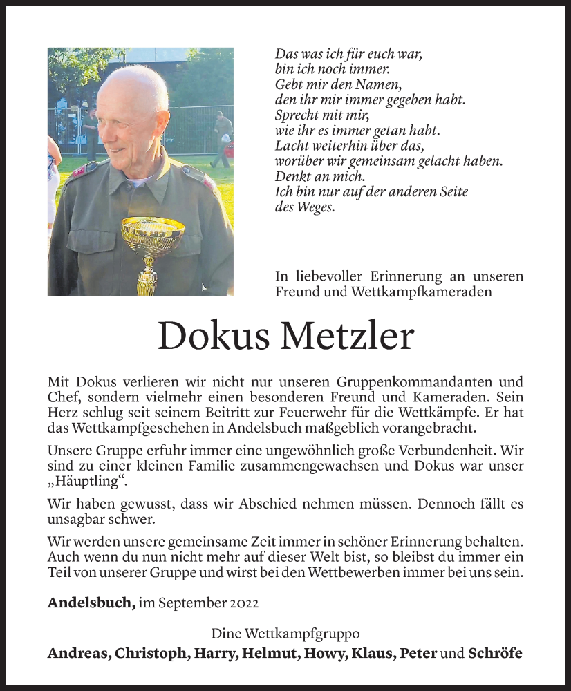  Todesanzeige für Jodok Metzler vom 20.09.2022 aus Vorarlberger Nachrichten