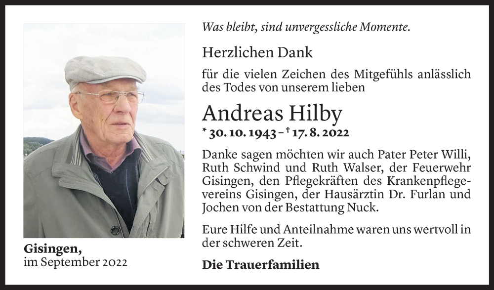  Todesanzeige für Andreas Hilby vom 22.09.2022 aus Vorarlberger Nachrichten