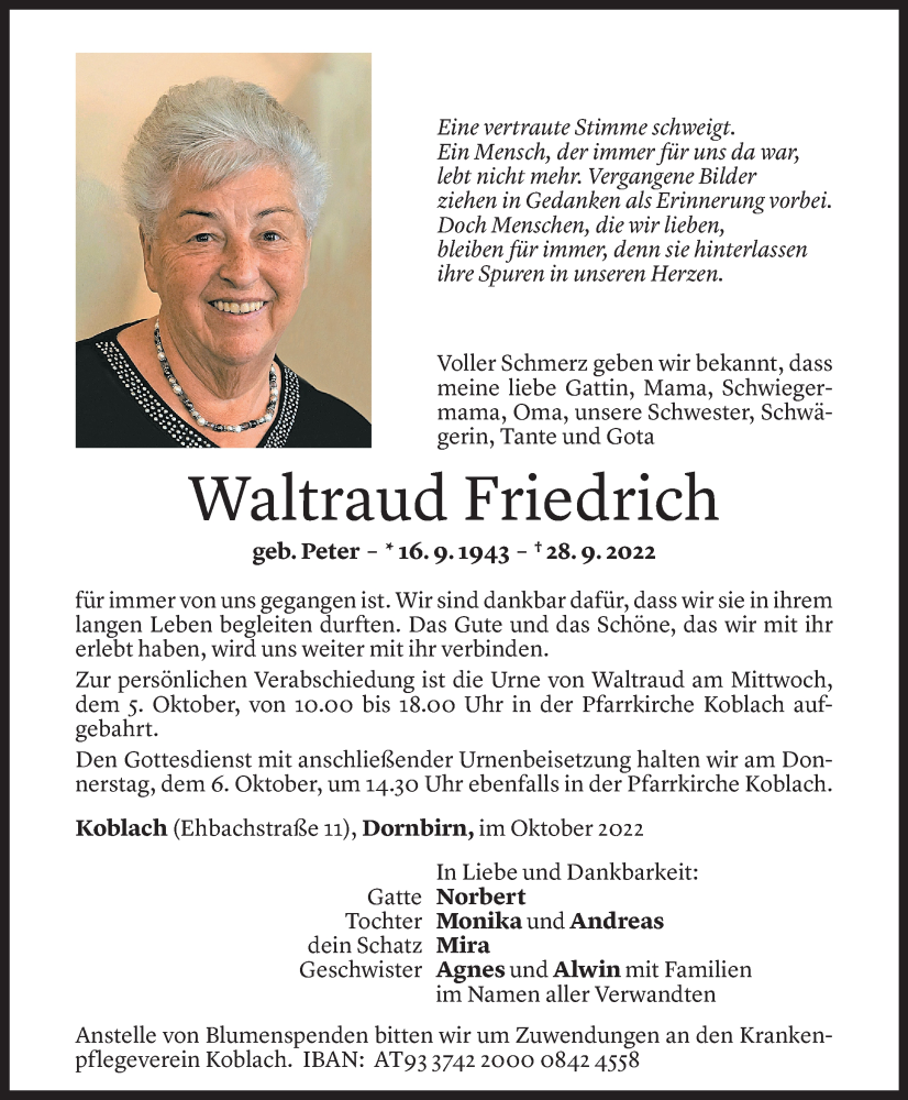  Todesanzeige für Waltraud Friedrich vom 03.10.2022 aus Vorarlberger Nachrichten