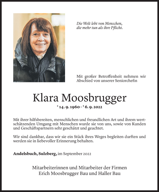 Todesanzeige von Klara Moosbrugger von Vorarlberger Nachrichten