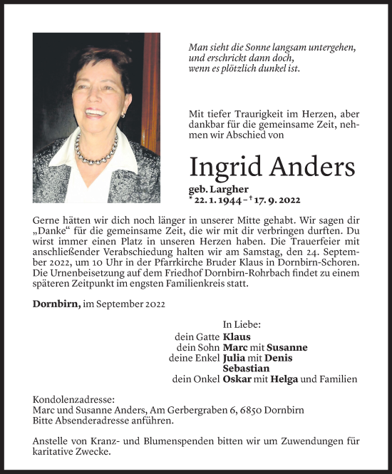 Todesanzeige von Ingrid Anders von Vorarlberger Nachrichten
