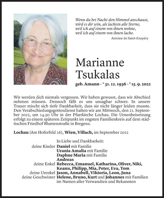 Todesanzeige von Marianne Tsukalas von Vorarlberger Nachrichten